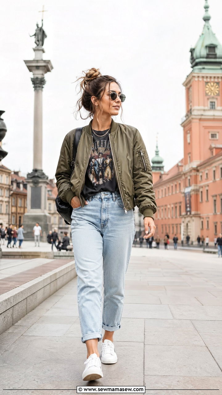 Bomber Jacket With Graphic Tee And Cuffed Jeans - 35 Warsaw outfit ideas