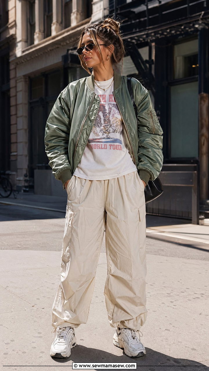 Bomber Jacket With Graphic Tee And Parachute Pants - 35 Windy spring outfits