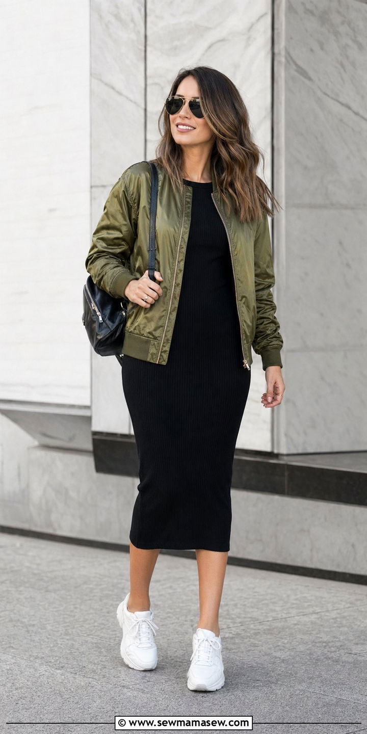 Bomber Jacket With Midi Dress And Chunky Sneakers - 30 Windy day outfit ideas