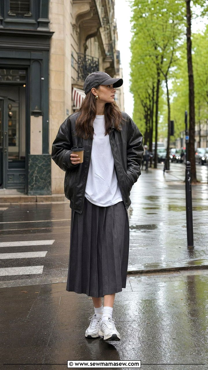 Bomber Jacket With Pleated Midi Skirt Outfit - 35 Rainy spring outfits