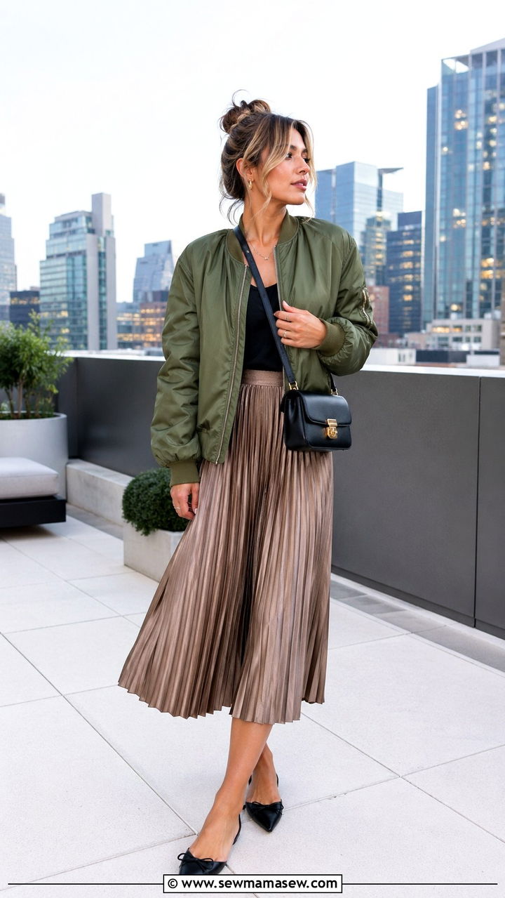 Bomber Jacket With Pleated Midi Skirt - 30 Sporty chic outfit ideas 2026
