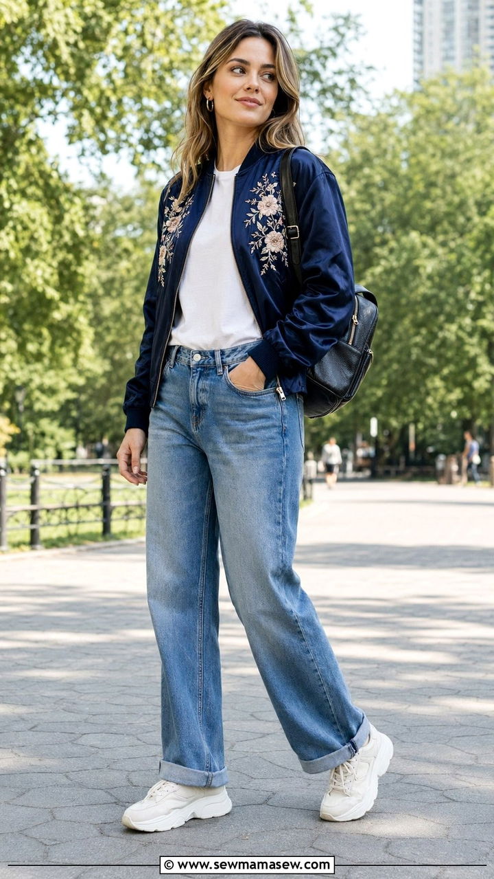 Bomber Jacket With Relaxed Jeans Outfit - 30 90s outfit ideas for women over 40