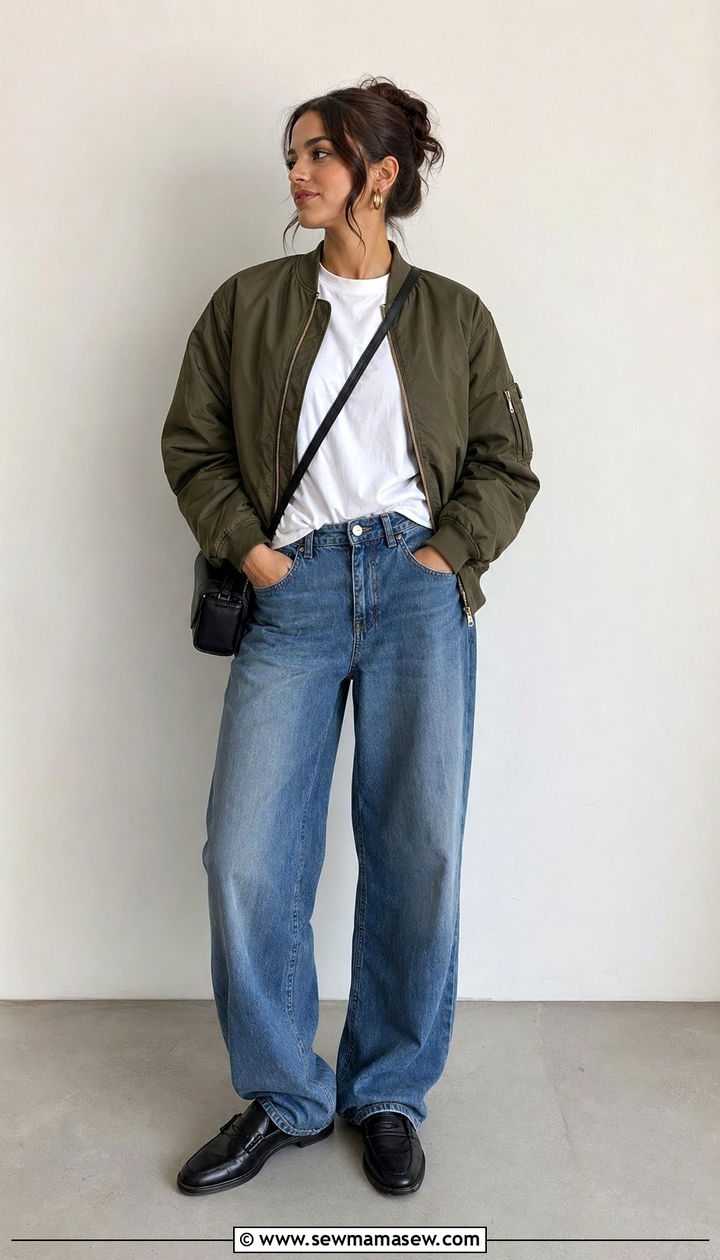 Bomber Jacket With White Tee and Baggy Jeans With Loafers - 30 Baggy jeans outfit ideas with loafers