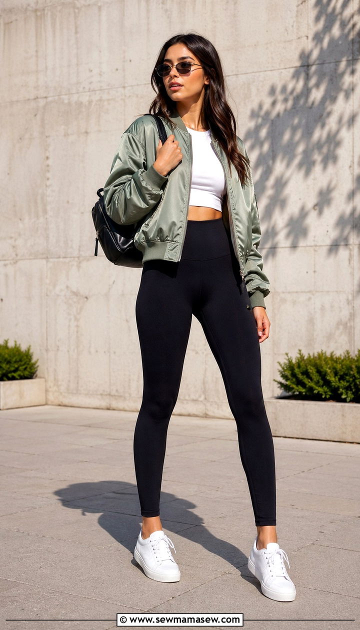 Bomber Jacket and Leggings with Crop Top - 30 spring athleisure outfit ideas