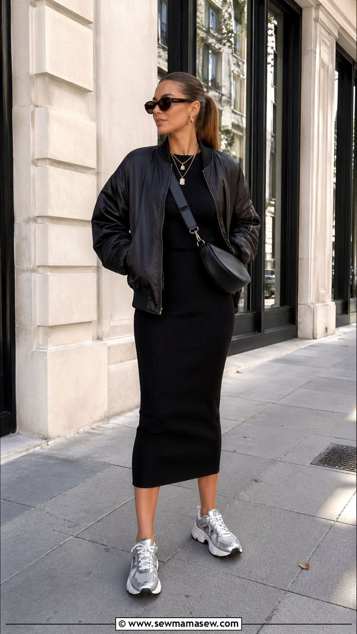 Bomber Jacket and Ribbed Knit Dress - 30 sporty chic outfits inspo
