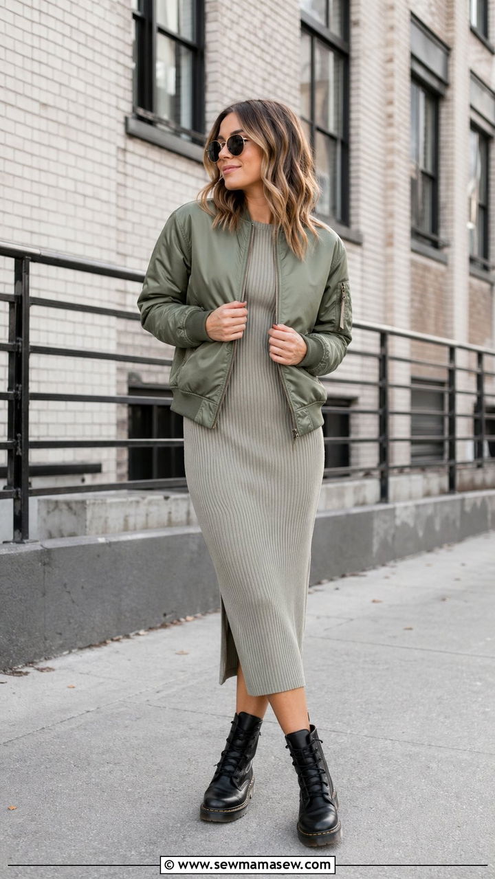Bomber Jacket with Midi Dress and Combat Boots - 30 windy day outfits for women