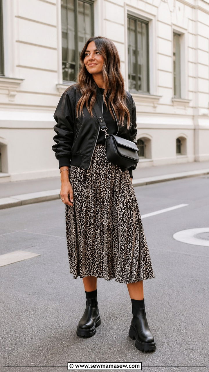 Bomber Jacket with Midi Skirt and Chunky Boots - 30 spring cool weather outfit ideas