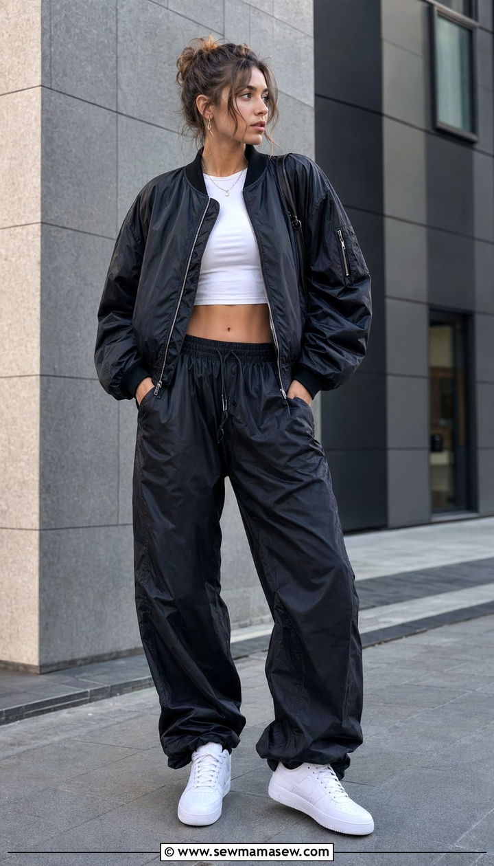 Bomber Jacket with Parachute Pants and Crop Top - 30 90s outfit ideas 2026