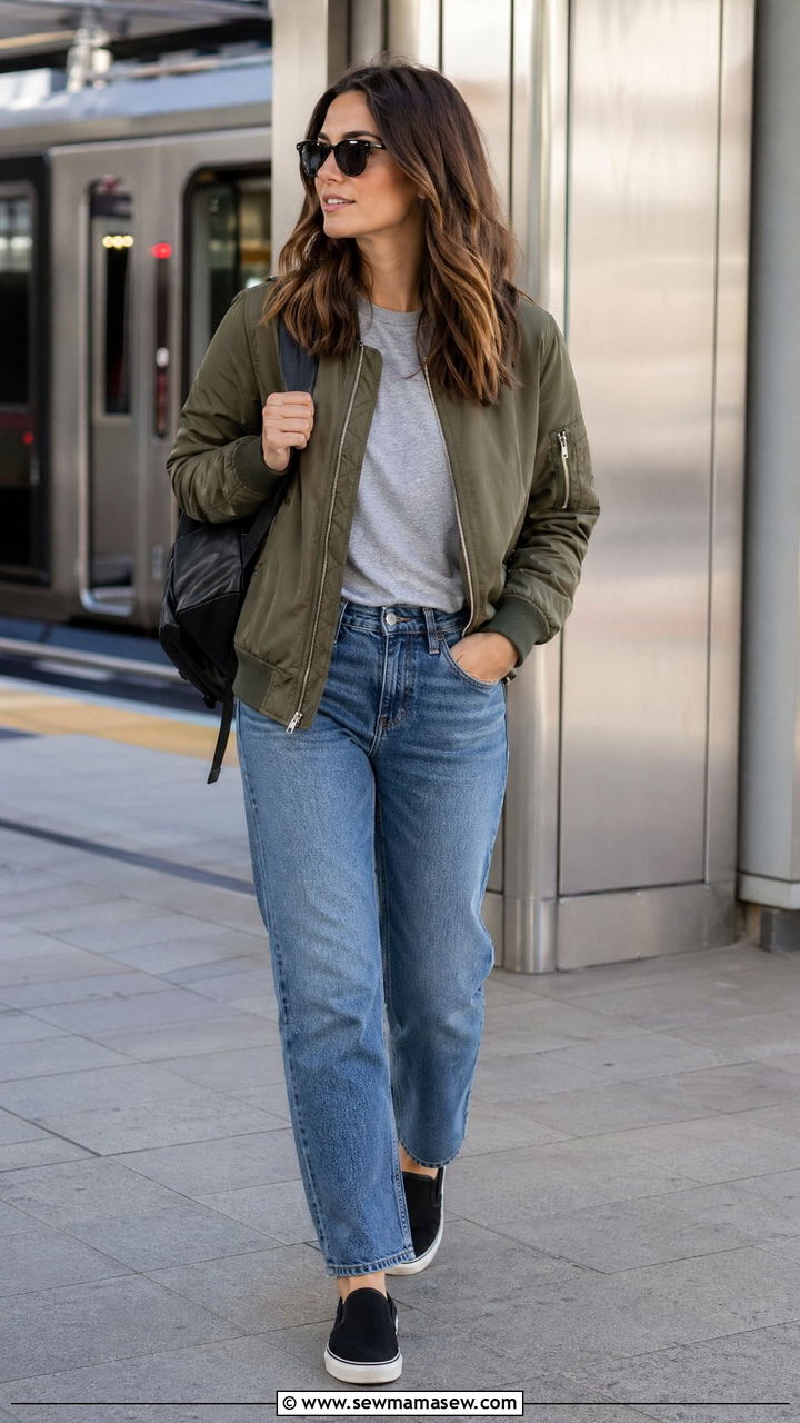 Bomber Jacket with Straight Leg Jeans and Slip On Sneakers - 35 casual straight leg jeans outfits