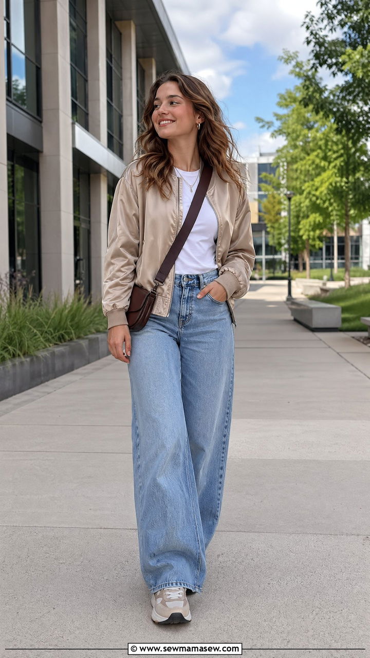 Bomber Jacket with Wide Leg Jeans - 35 college outfits for women