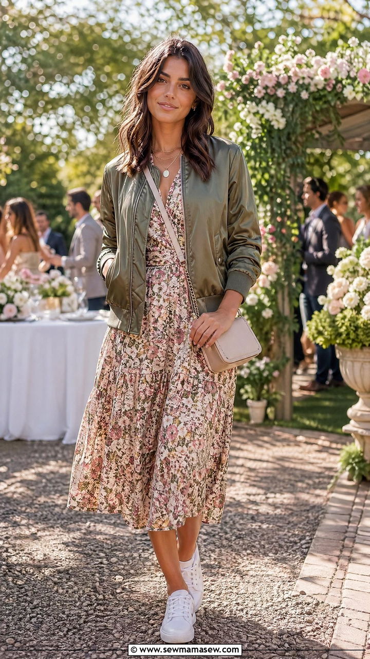 Bomber jacket over floral midi dress outfit - 35 Sporty chic outfit ideas