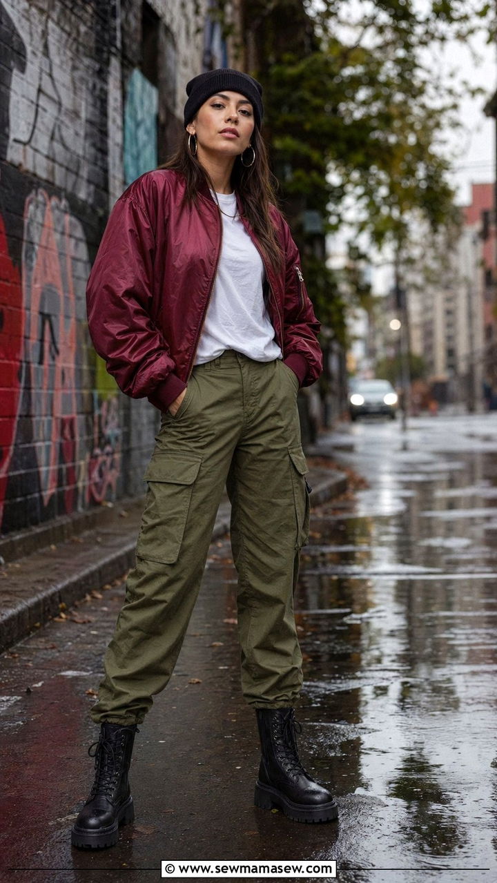 Bomber jacket with cargo pants and chunky boots - 35 rainy day outfits for women
