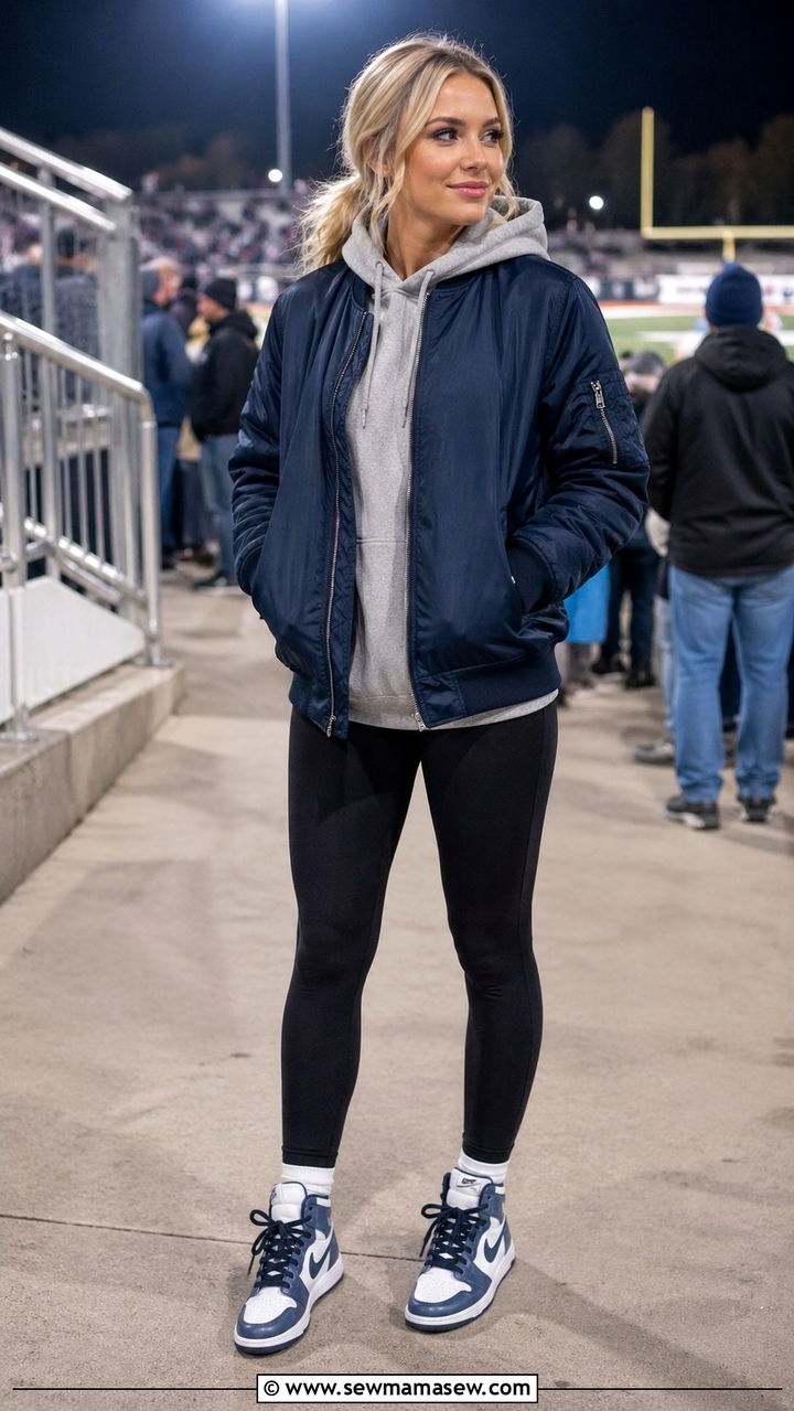 Bomber jacket with hoodie and leggings outfit - 30 Sports mom outfit ideas
