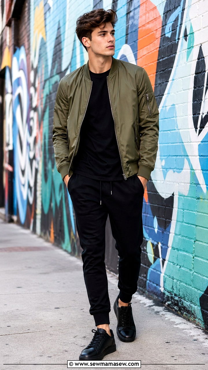 Bomber jacket with joggers senior photo - 30 Senior portrait outfit ideas guys