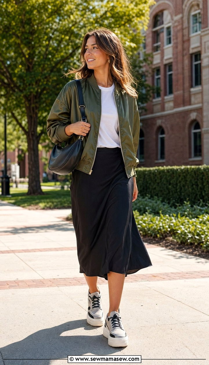 Bomber jacket with midi skirt - 35 school outfit ideas for women
