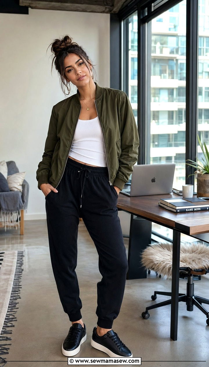 Bomber jacket with tank top and joggers outfit - 30 Athleisure outfit ideas for work from home