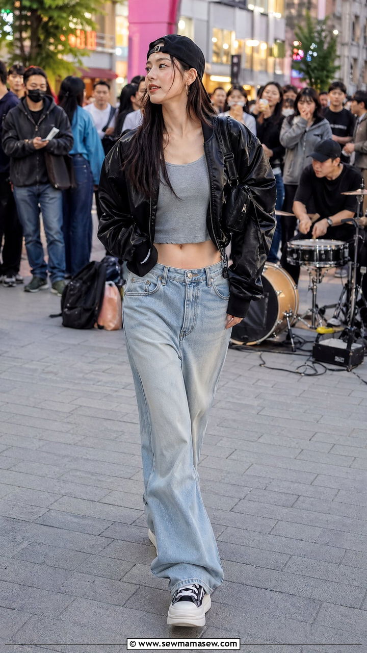 Bomber jacket with wide leg jeans and platform sneakers - 35 Seoul vacation outfit ideas