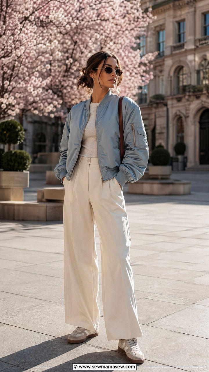 Bomber jacket with wide leg trousers and retro sneakers - 35 Streetwear spring outfits