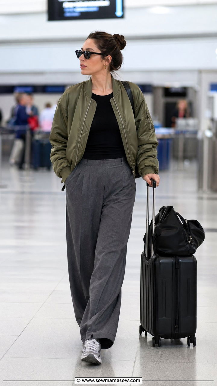 Bomber jacket with wide leg trousers and sneakers long flight - 40 Long flight outfit ideas