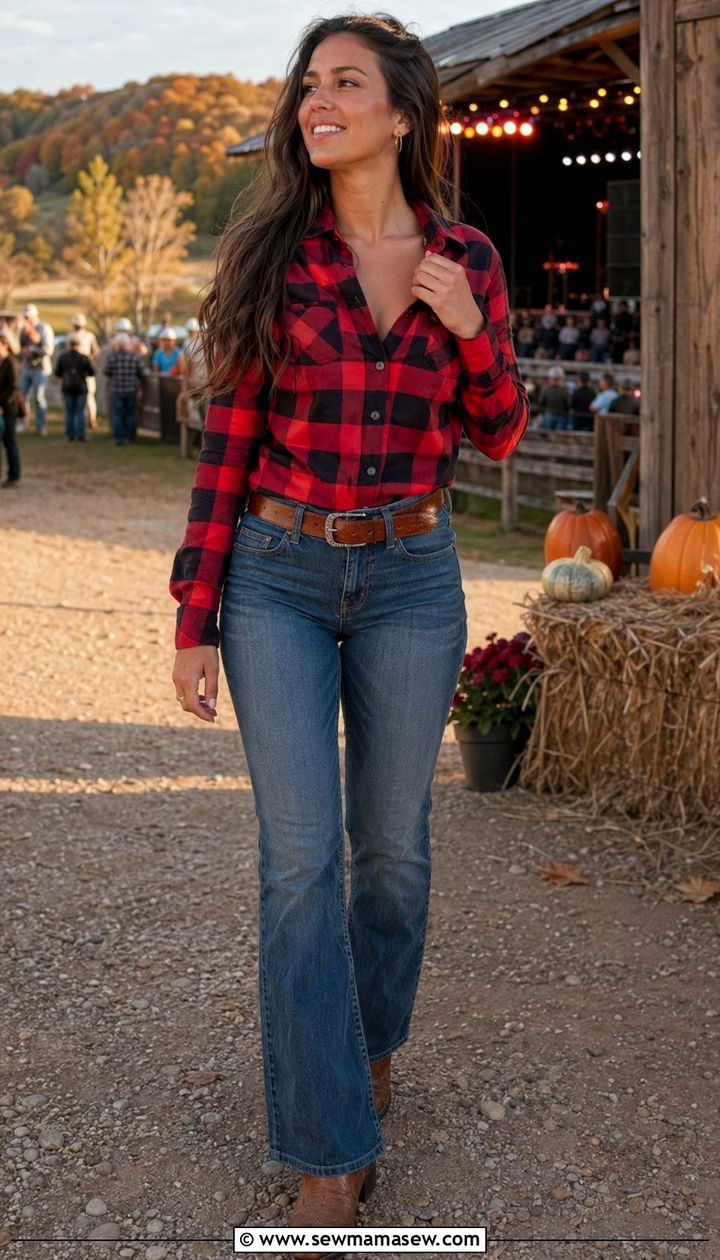 Boot cut jeans and flannel shirt - 30 what to wear to a country concert