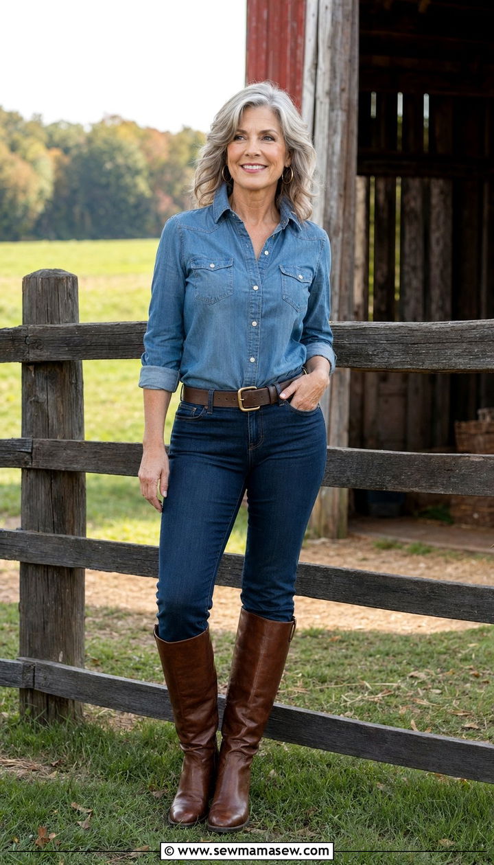 Bootcut Jeans With Chambray Shirt And Riding Boots - 30 Best jeans for women over 50