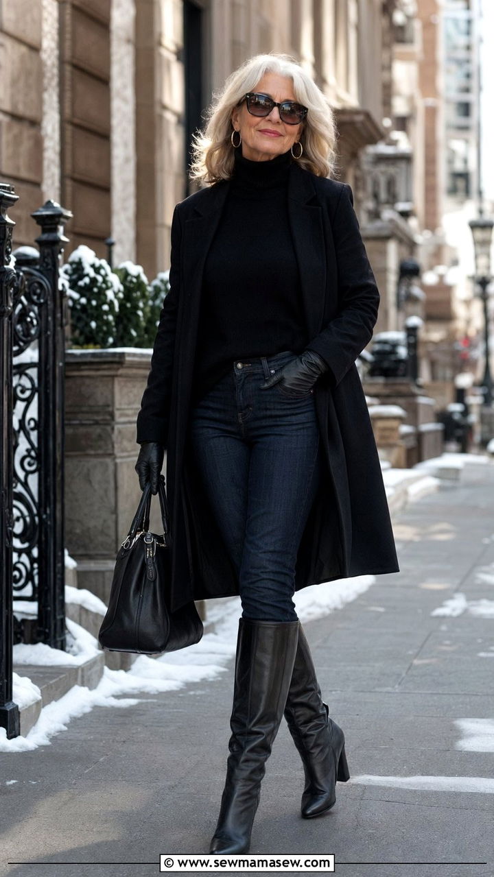 Bootcut Jeans With Turtleneck And Knee High Boots - 30 Best jeans for women over 60