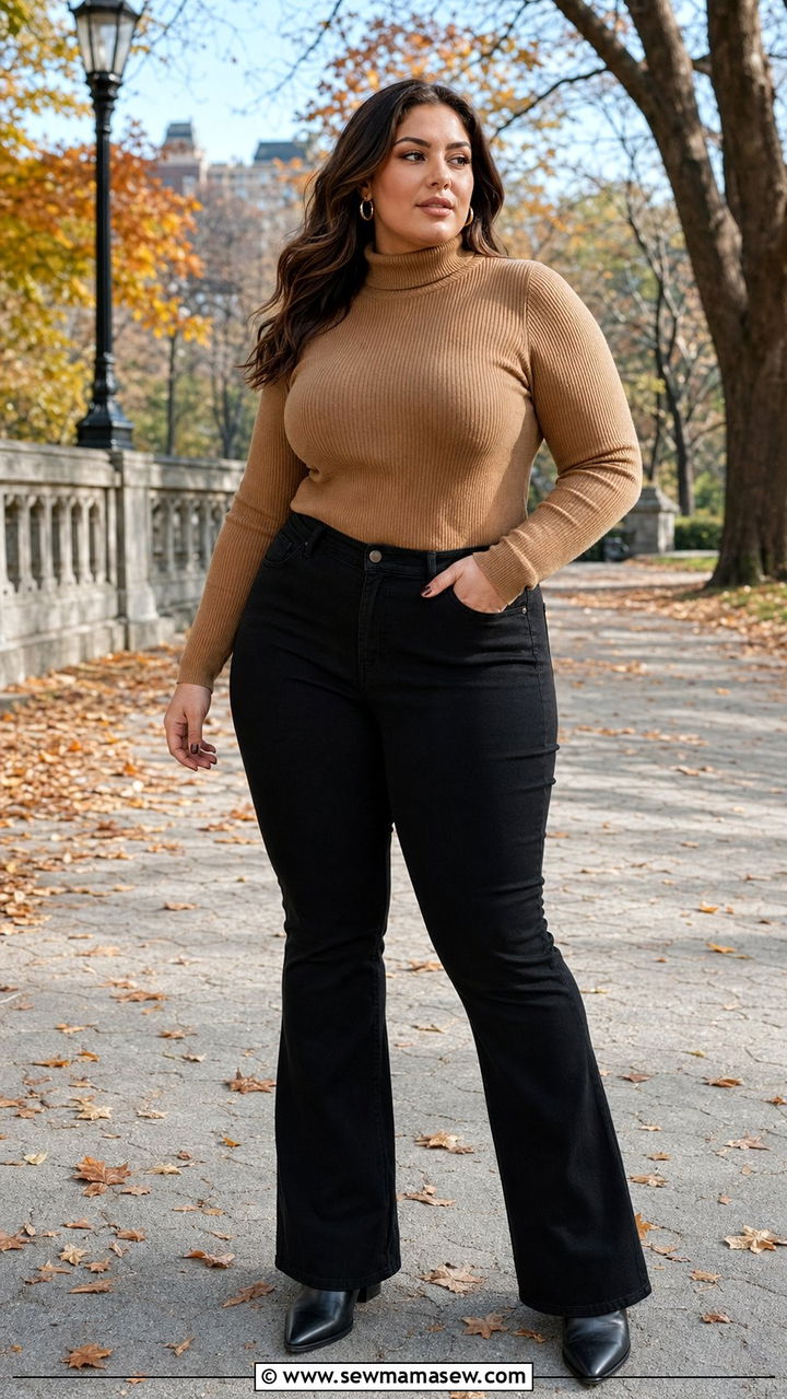 Bootcut jeans with a fitted turtleneck and pointed toe ankle boots - 30 Best jeans for plus size