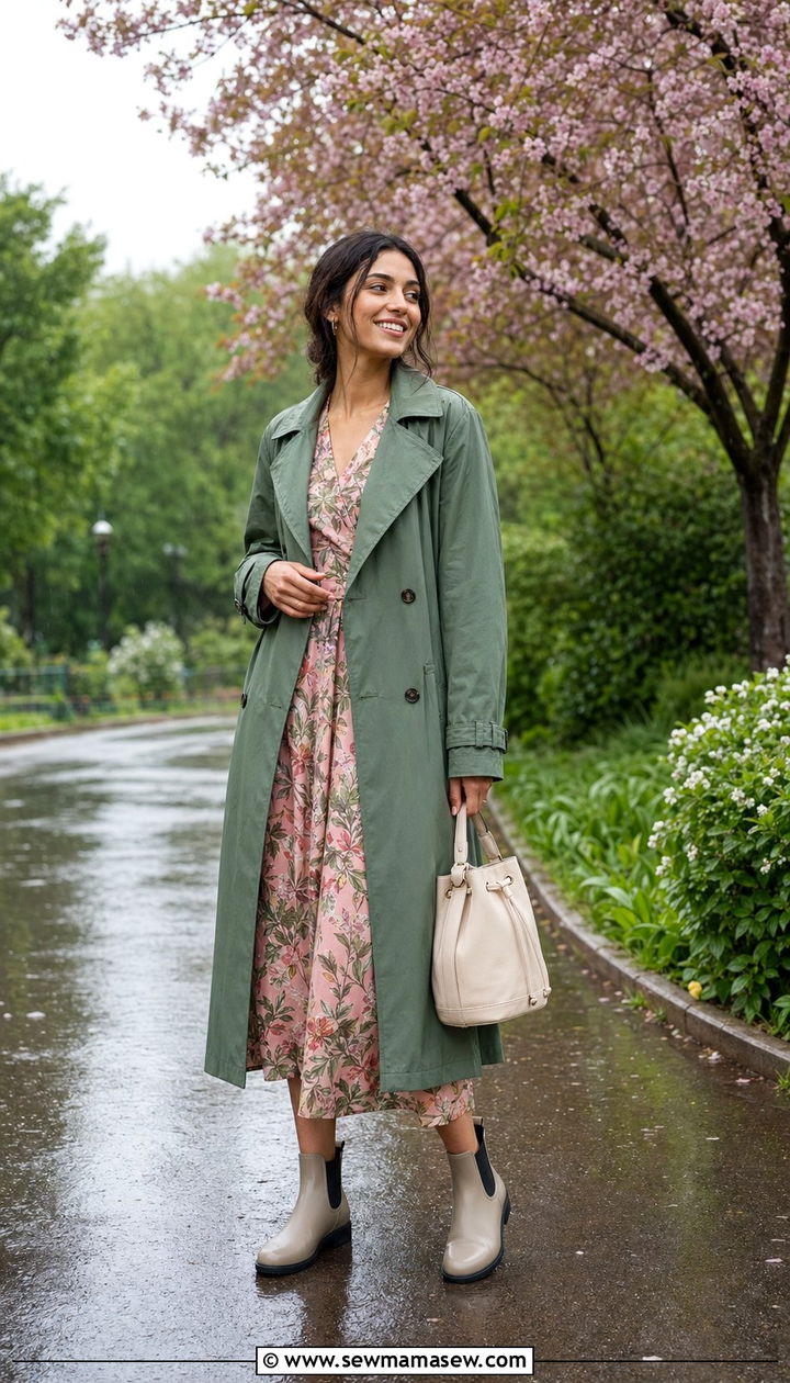 Botanical Print Dress With Green Coat Outfit - 35 Rainy spring outfits