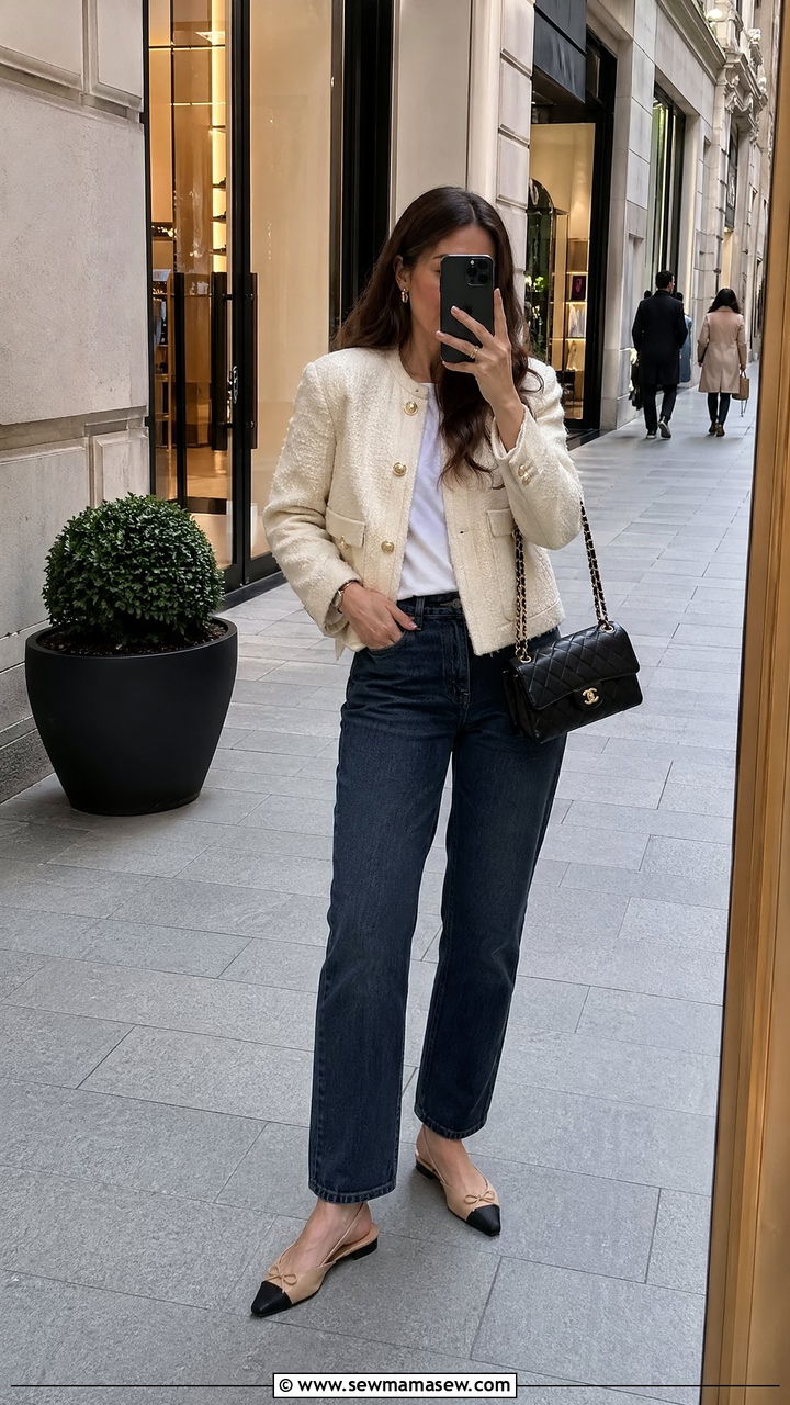 Boucle Jacket With Denim And Slingback Flats - 40 vacation outfit ideas for women