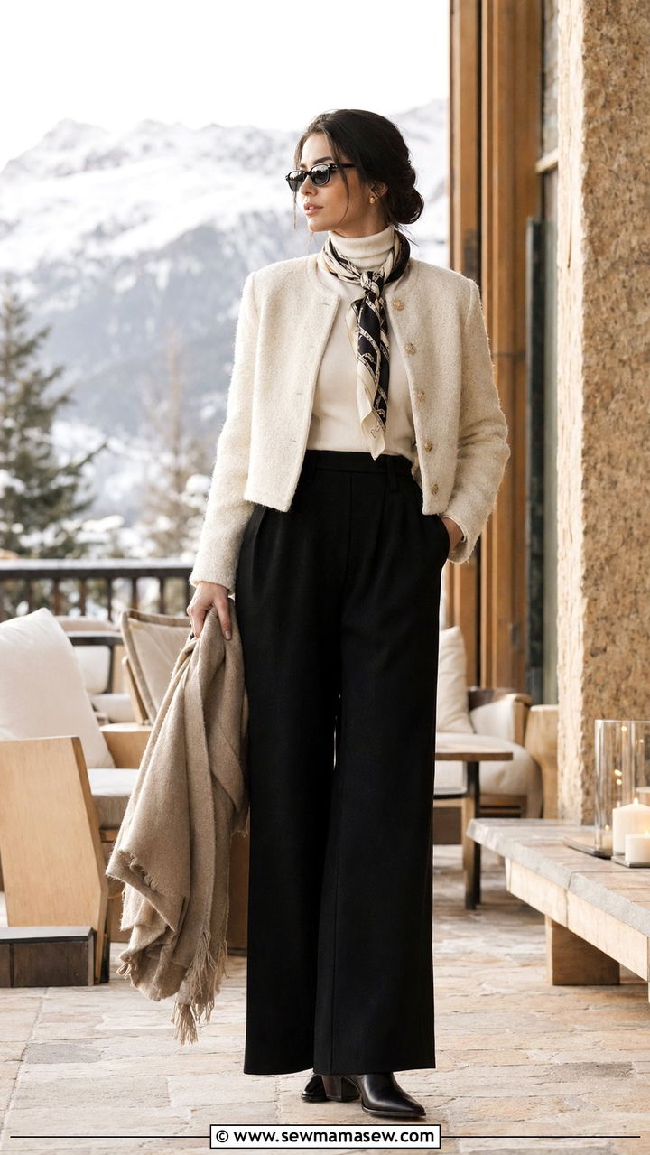 Boucle jacket and wide leg trousers outfit - 35 Mountain vacation outfit ideas