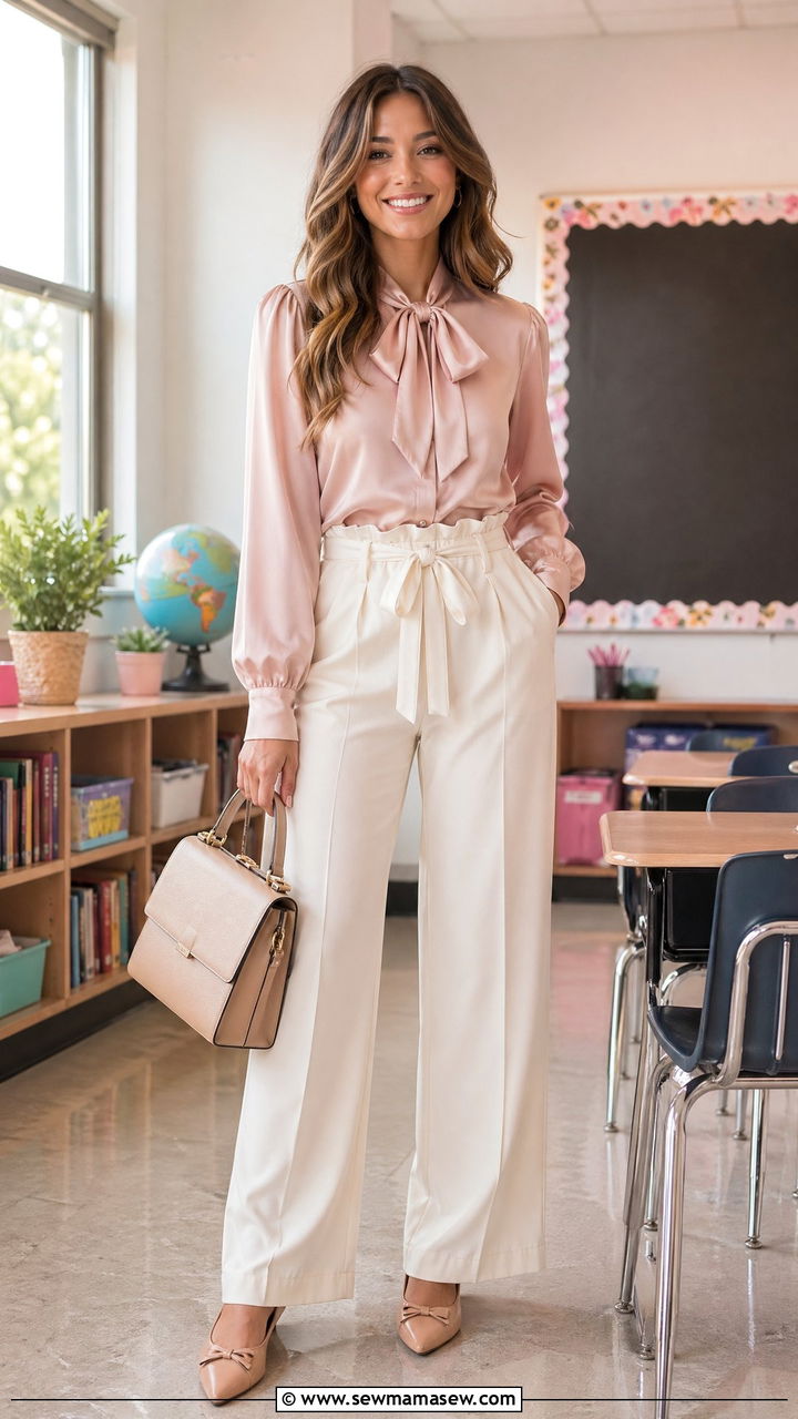 Bow Blouse and Paperbag Waist Trousers Outfit - 35 cute back to school outfits