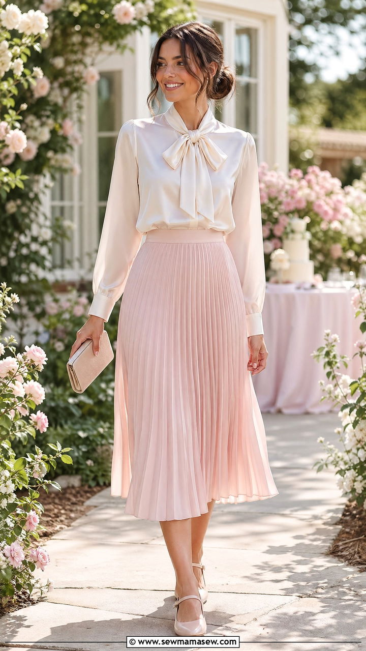 Bow Tie Blouse With Pleated Midi Skirt And Mary Janes - 35 spring feminine outfit ideas