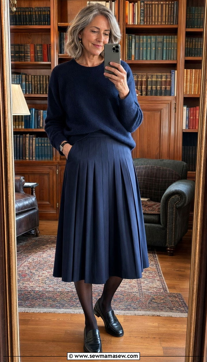 Box Pleated Skirt With Crewneck Sweater - 30 Best skirts for women over 50