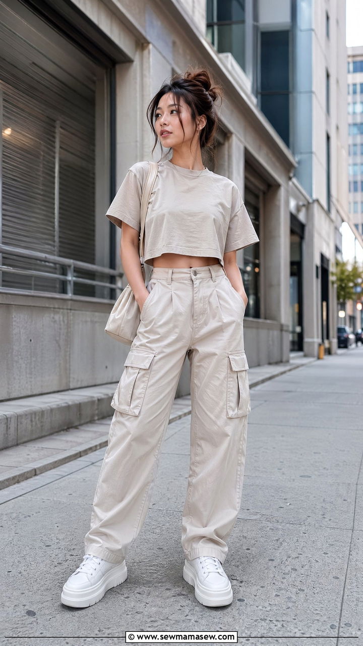 Boxy Crop Top with High Waisted Cargo Pants - 35 casual outfits for petite women