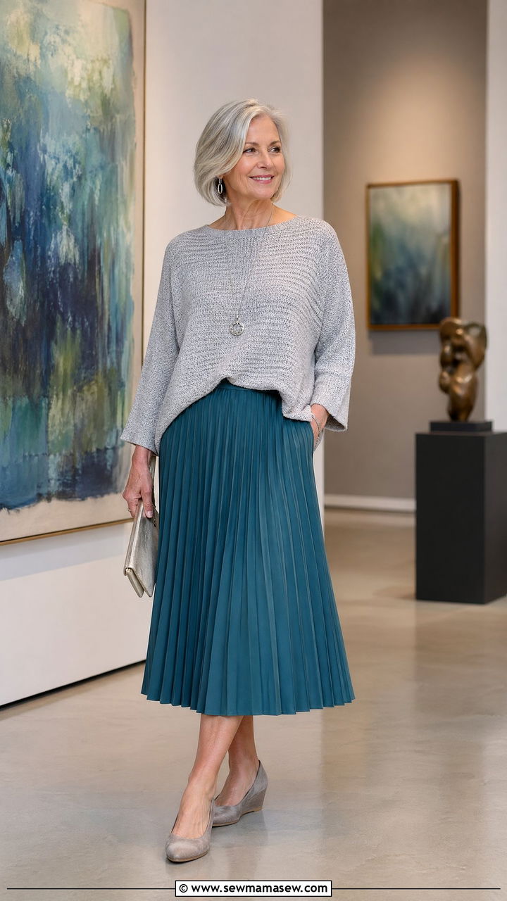 Boxy Knit Top with Pleated Midi Skirt and Low Wedges - 35 Spring capsule wardrobe for women over 50
