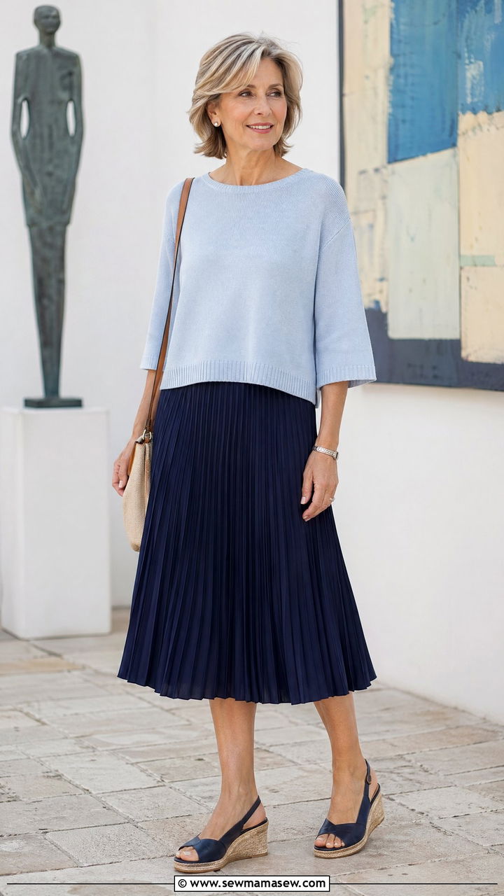 Boxy Knit Top with Pleated Skirt - 35 spring outfit ideas for women over 50
