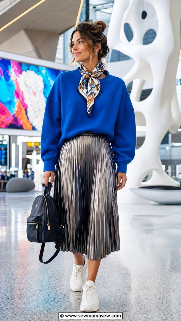 Boxy sweatshirt and pleated midi skirt with a silk square scarf - 30 Airport outfit ideas with a scarf