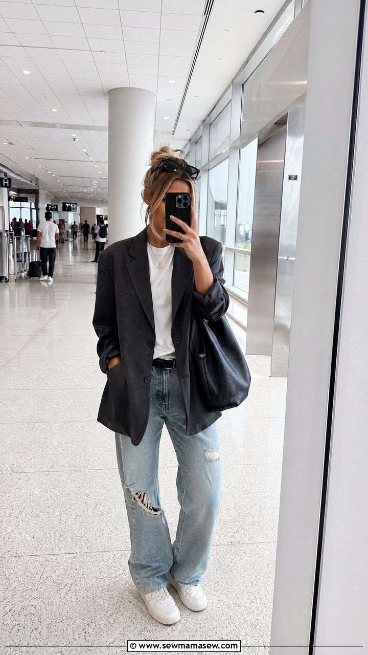 Boyfriend Blazer With T Shirt And Distressed Jeans - 35 classy airport outfits