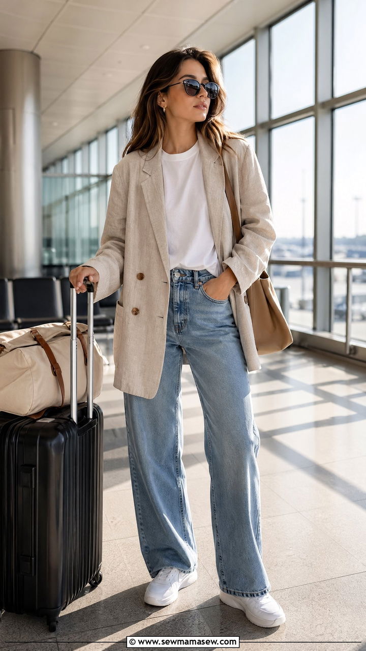 Boyfriend Blazer With a Plain Tee and Relaxed Jeans - 35 spring airport outfit ideas