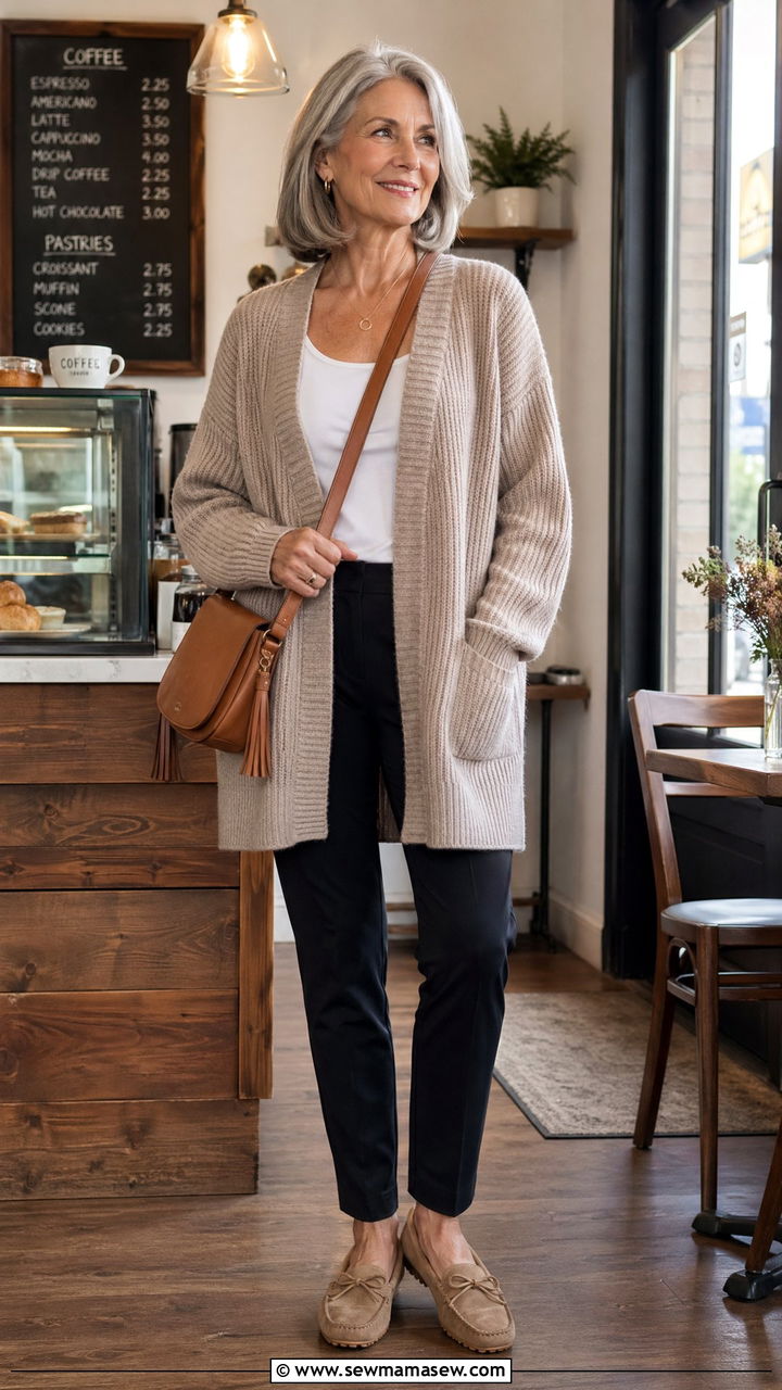 Boyfriend Cardigan with Slim Leg Trousers - 35 Casual outfits for women over 60