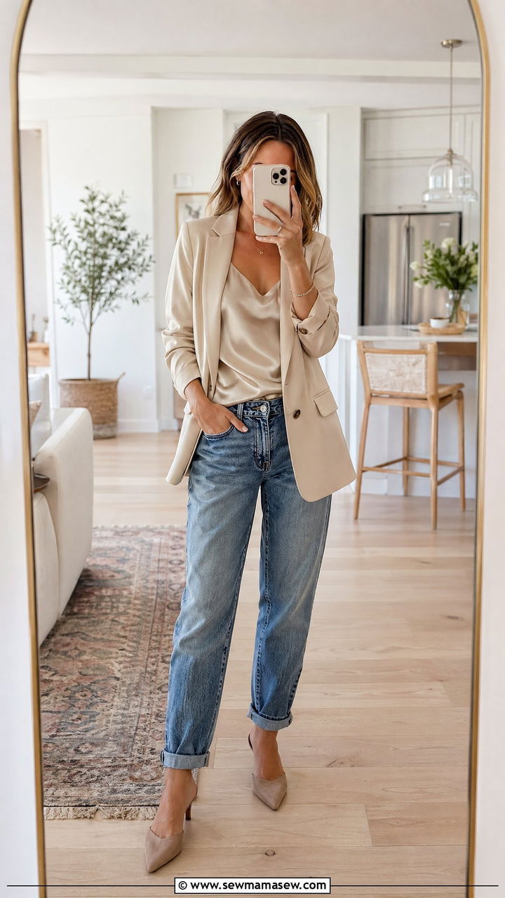 Boyfriend Jeans With A Silk Camisole And Relaxed Blazer - 35 work outfits for moms