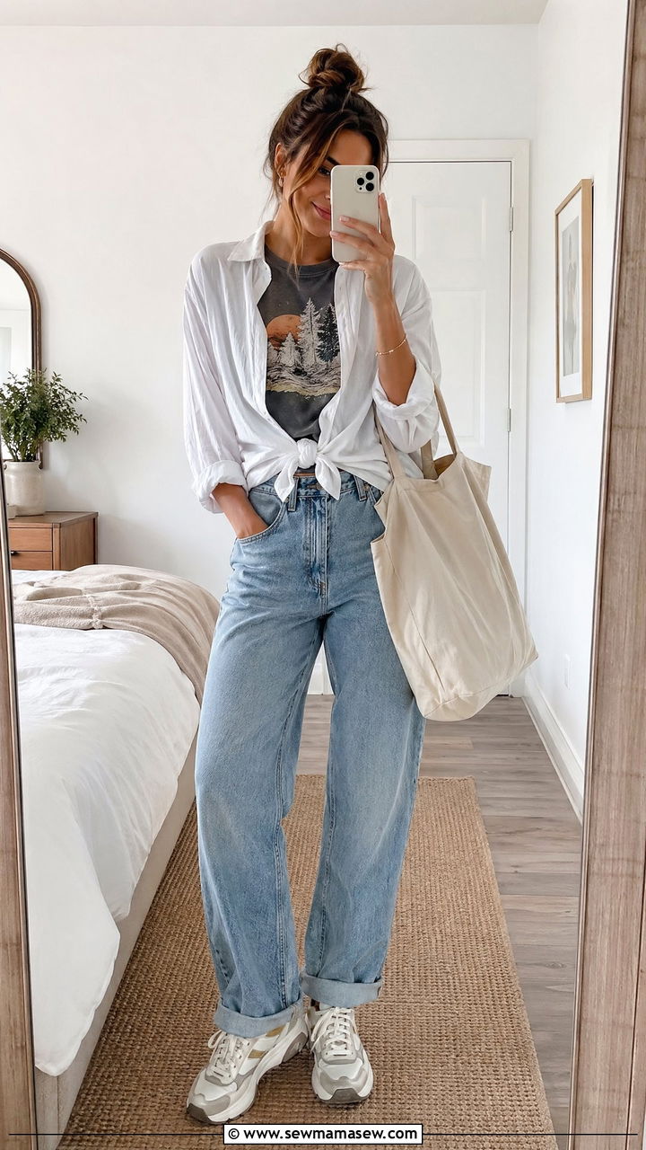 Boyfriend Jeans With Graphic Tee and Oversized Button Down Shirt - 35 spring outfit ideas for women