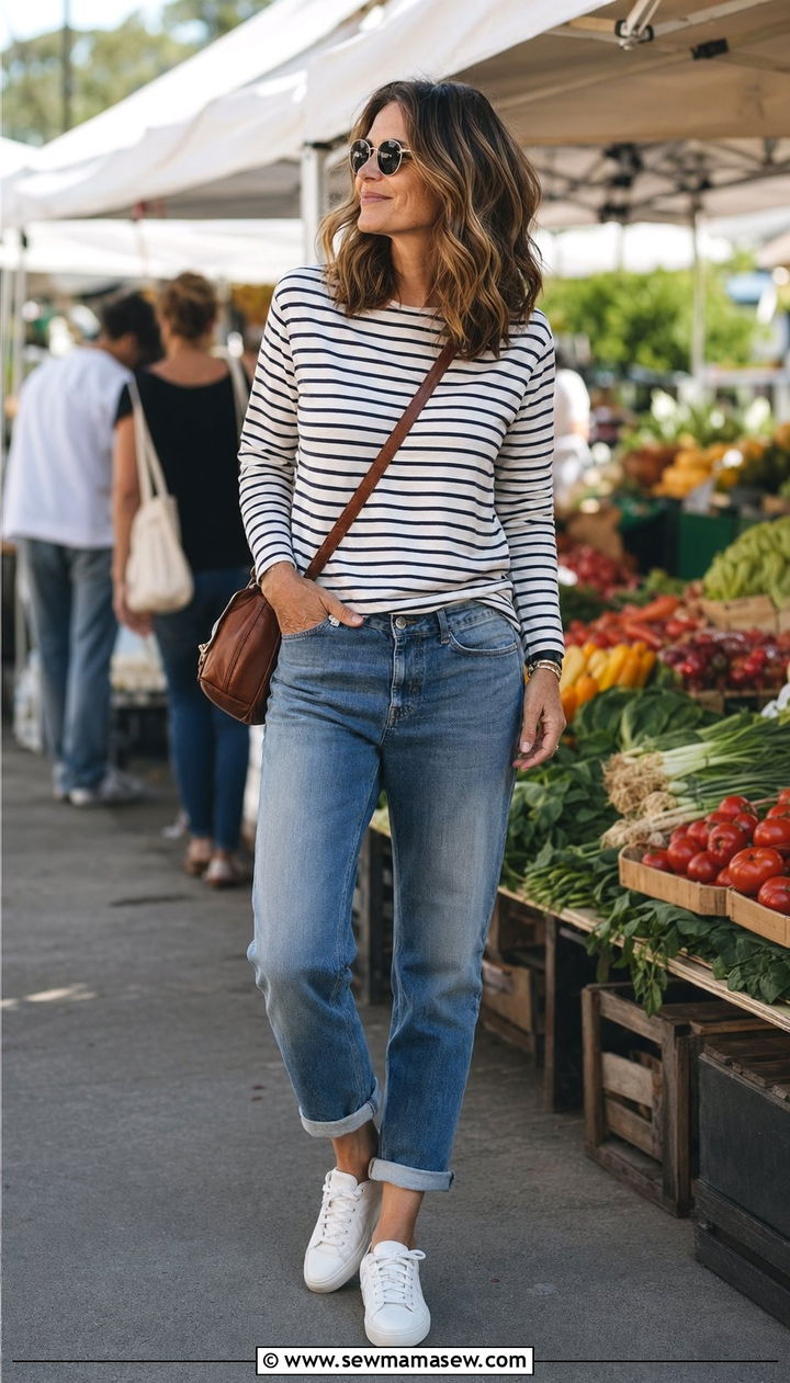 Boyfriend Jeans With a Striped Long Sleeve Tee - 30 Best jeans for women over 40