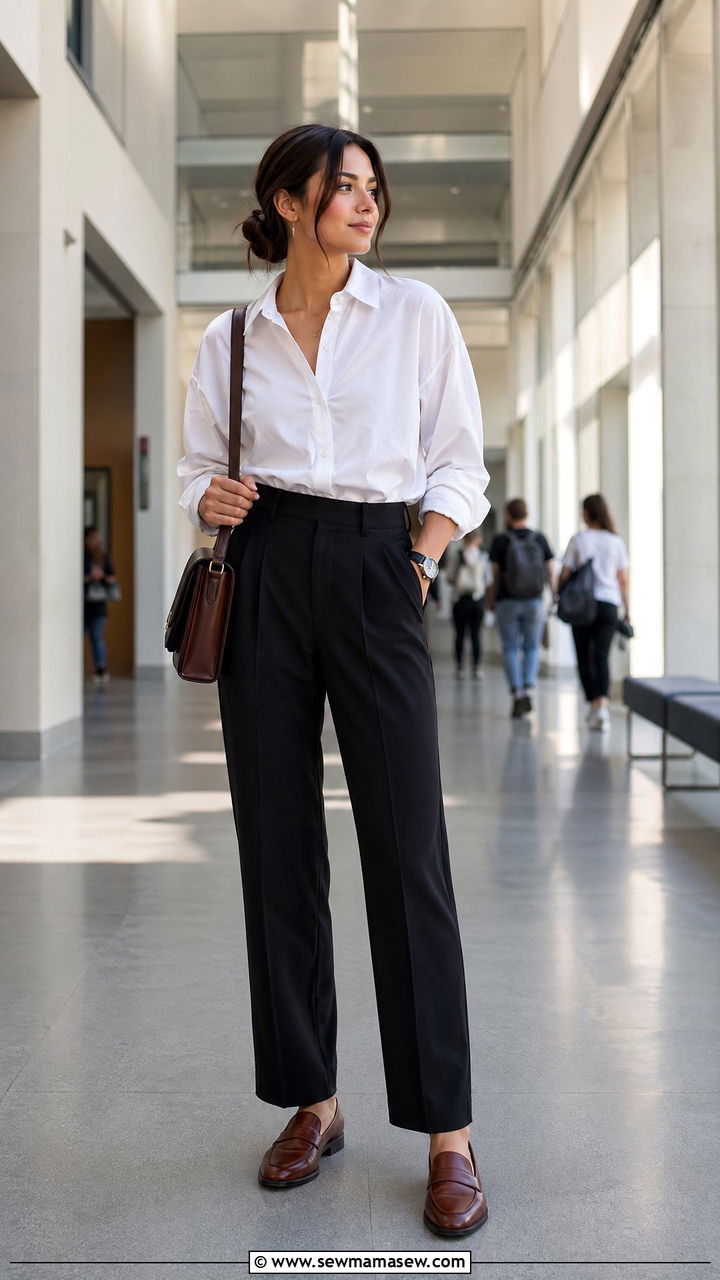Boyfriend Shirt With Tailored Trousers and Penny Loafers - 35 college outfits 2026
