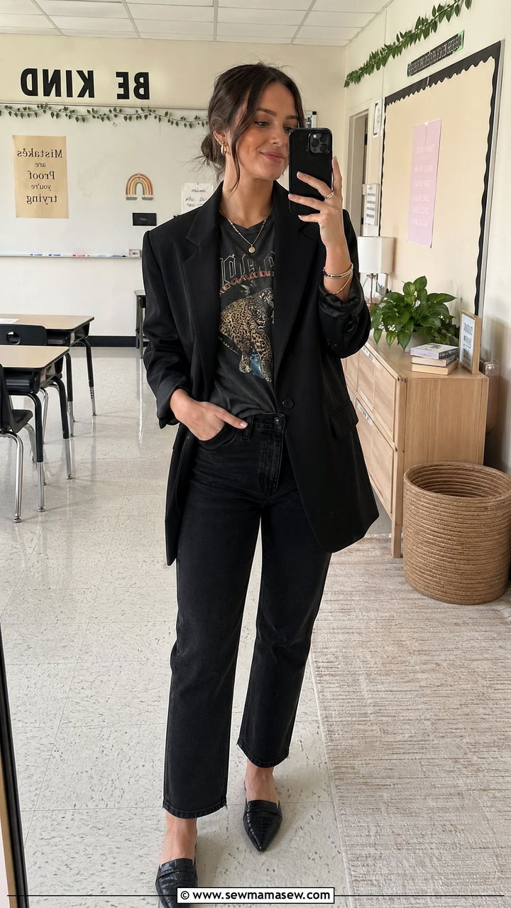 Boyfriend blazer over graphic tee with black jeans and pointed flats - 35 Teacher outfit ideas for school