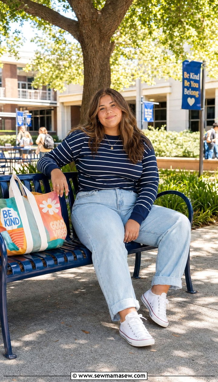 Boyfriend jeans and striped tee outfit - 30 Back to school outfit ideas plus size teens