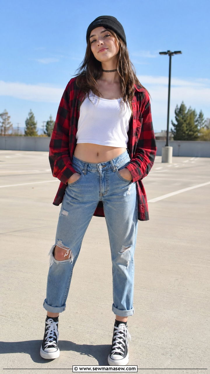 Boyfriend jeans with crop top and flannel outfit - 35 cute school outfits