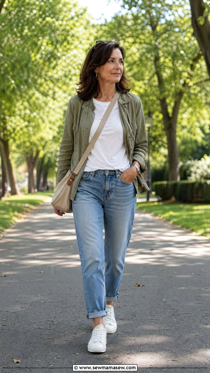 Boyfriend jeans with white tee and utility jacket outfit - 35 Spring capsule wardrobe for women over 40