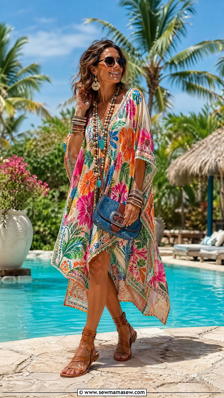Breezy Kaftan with Leather Sandals and Beaded Jewelry - 40 spring travel outfit ideas