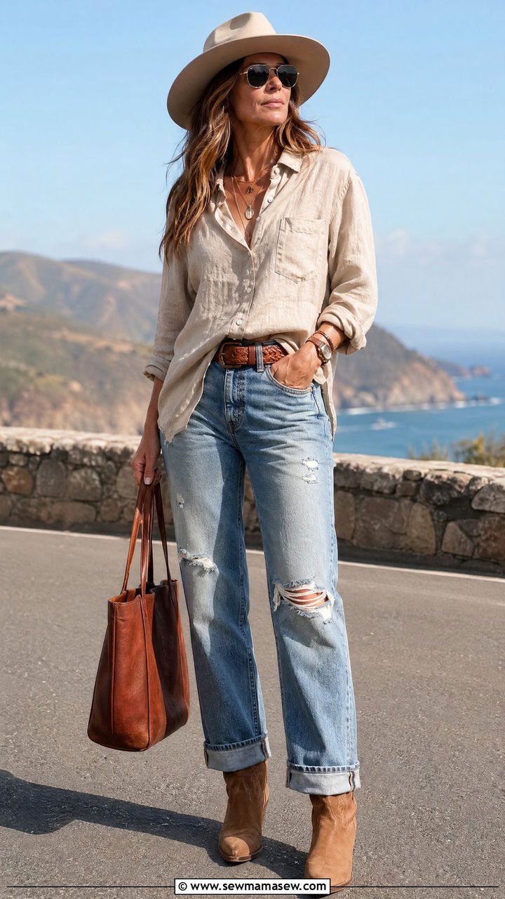 Breezy Linen Button Down with Distressed Straight Leg Jeans and a Woven Belt - 35 coastal cowgirl outfit ideas for women over 40